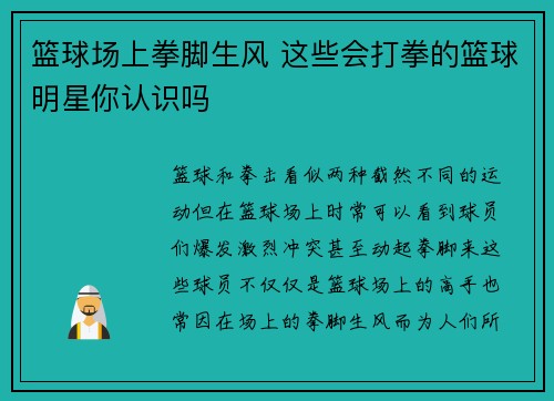 篮球场上拳脚生风 这些会打拳的篮球明星你认识吗