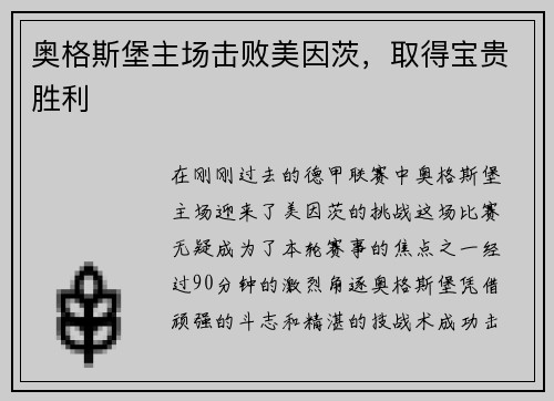 奥格斯堡主场击败美因茨，取得宝贵胜利