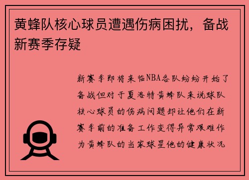 黄蜂队核心球员遭遇伤病困扰，备战新赛季存疑